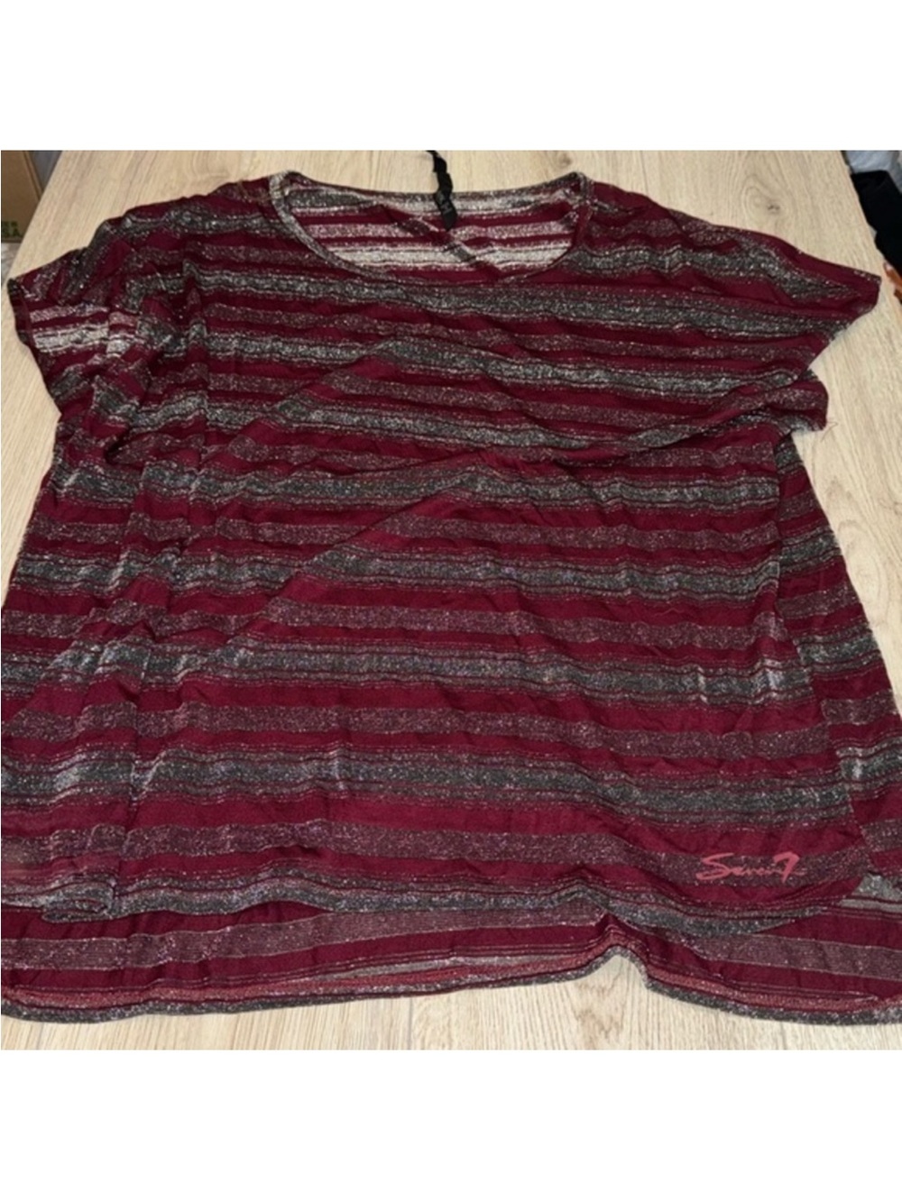 Seven7 Burgundy and Silver Metallic Stripe Short Sleeve Tee shirt top